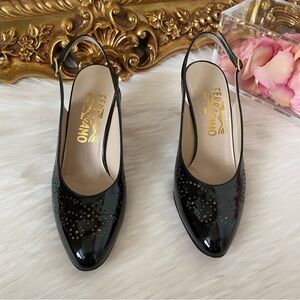 Salvatore Ferragamo Patent Leather Low Block Sling Back Pumps